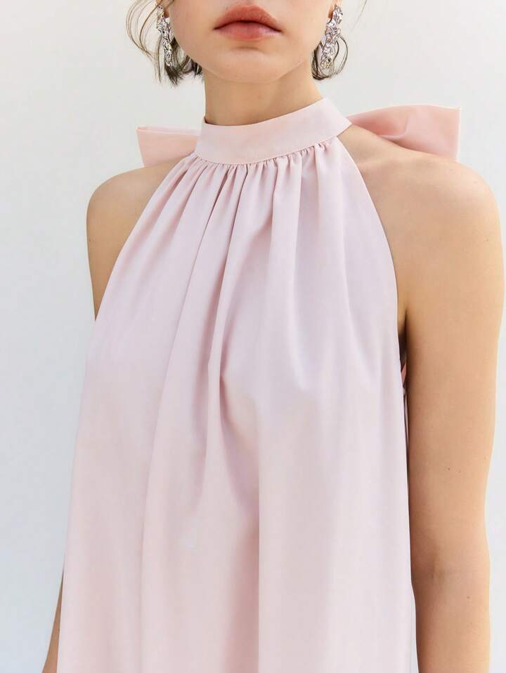 CM-DS178358 Women Casual Seoul Style Tie-Up Halter Sleeveless A-Line Pleated Hem Long Dress - Baby Pink
