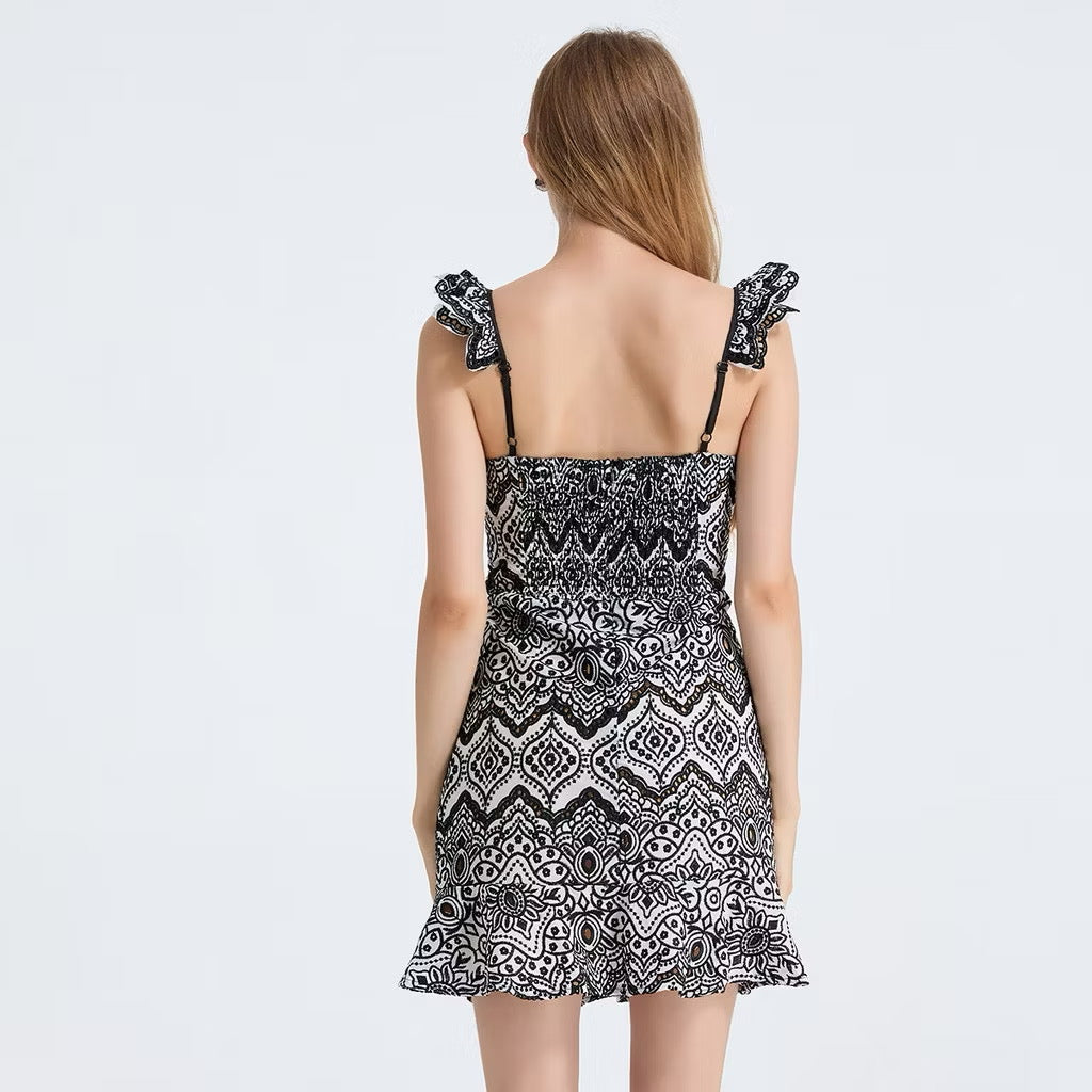 CM-DY053338 Women Elegant European Style Square Collar Sleeveless Embroidery High Waist Slim Mini Dress - Black