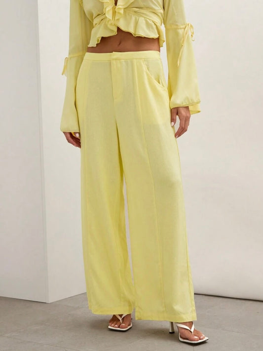 CM-BS252552 Women Trendy Bohemian Style Solid Color Extra Long Wide Leg Pants - Mustard Yellow