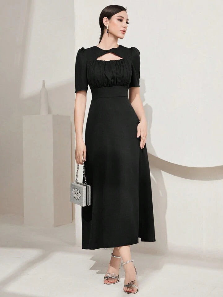 CM-DS460216 Women Elegant Seoul Style Short Sleeve Solid Color Hollow Out Dress - Black