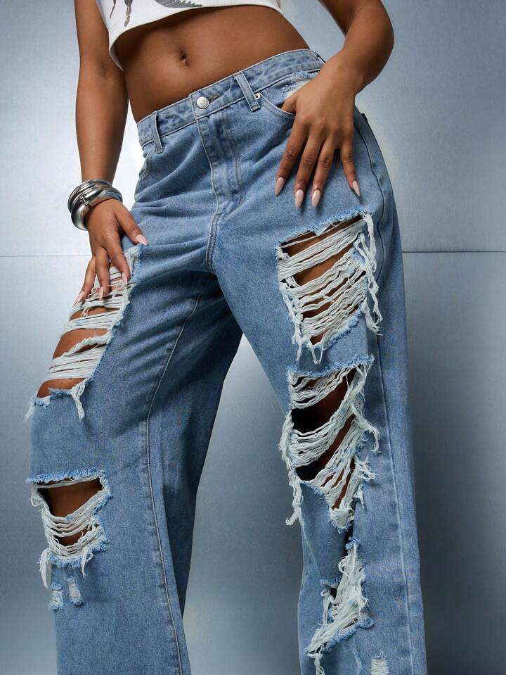 CM-BS669466 Women Casual Seoul Style Distressed Loose Straight Fit Denim Jeans - Blue