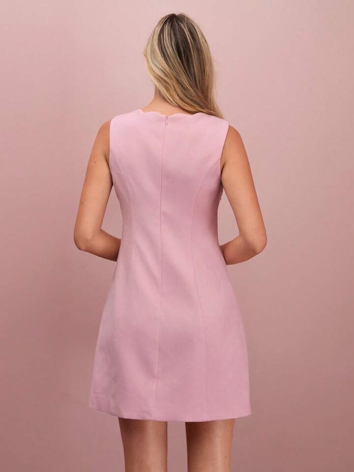 CM-DS373263 Women Elegant Seoul Style Floral Beaded Decor Round Neck Sleeveless Mini Dress - Pink