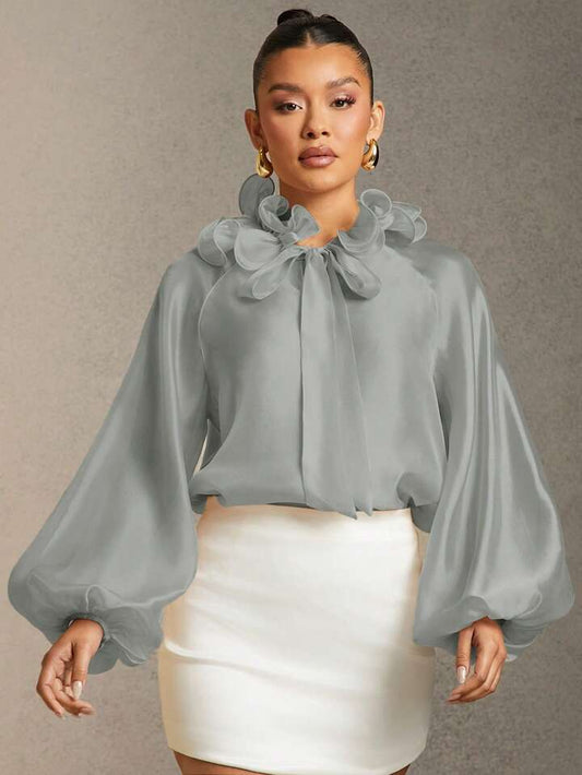 CM-TS726254 Women Elegant Seoul Style Solid Color Ruffle Trim Tie Neck Lantern Sleeve Blouse - Silver