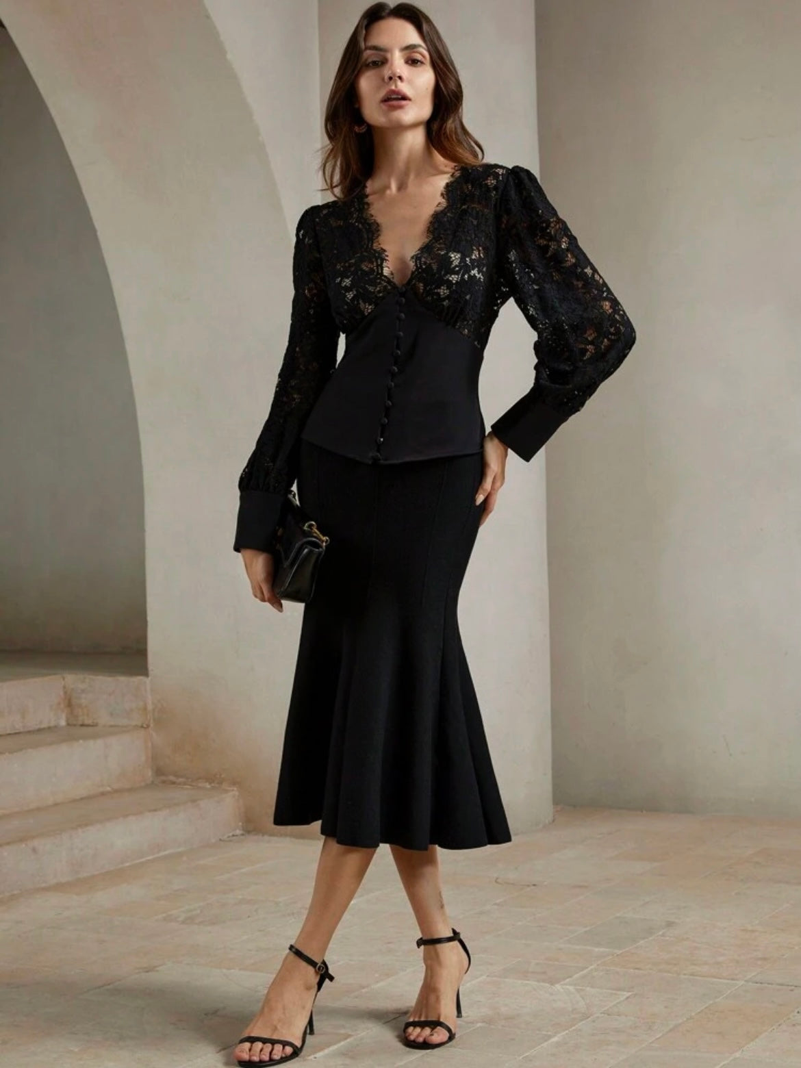 CM-TS422243 Women Elegant Seoul Style V-Neck Lace Patchwork Cinching Waist Top - Black