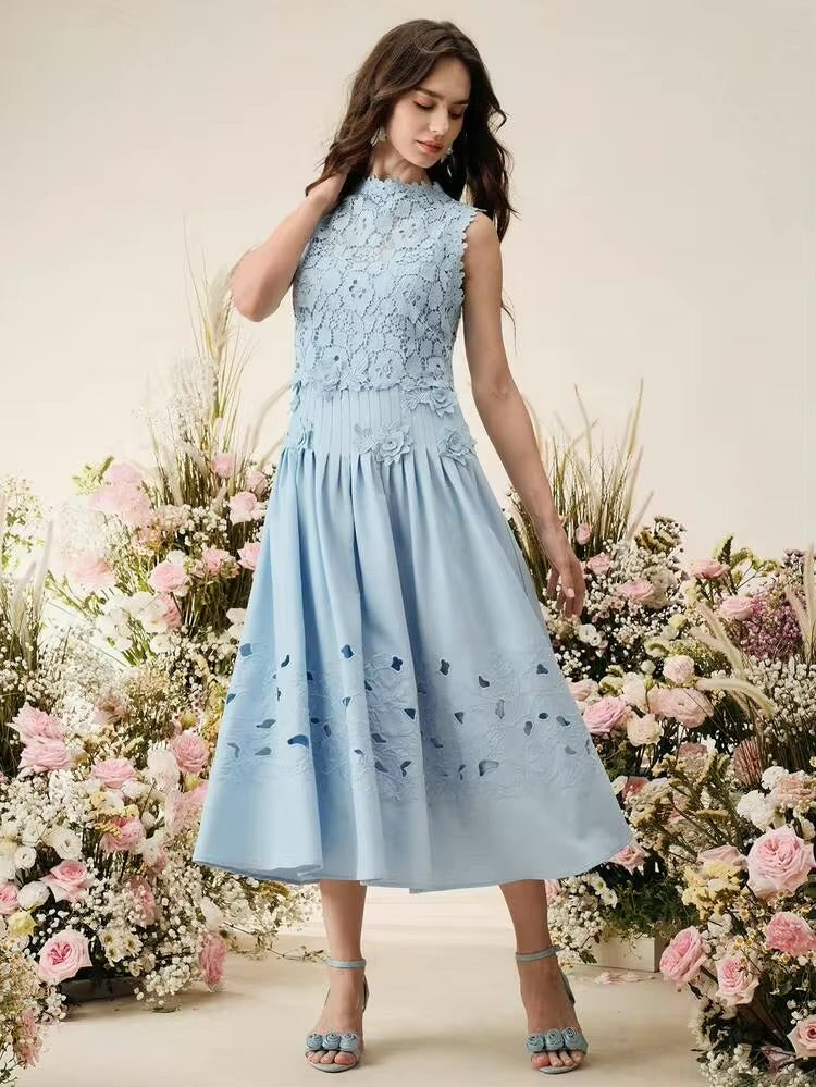CM-DS956378 Women Elegant Seoul Style Stand Collar Sleeveless Floral Embroidered Lace Midi Dress - Blue