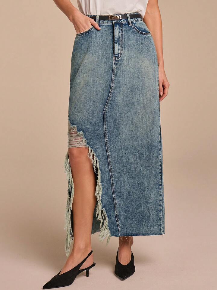 CM-BS347174 Women Casual Seoul Style Medium Wash High Waist Asymmetrical Hem Frayed Long Denim Skirt