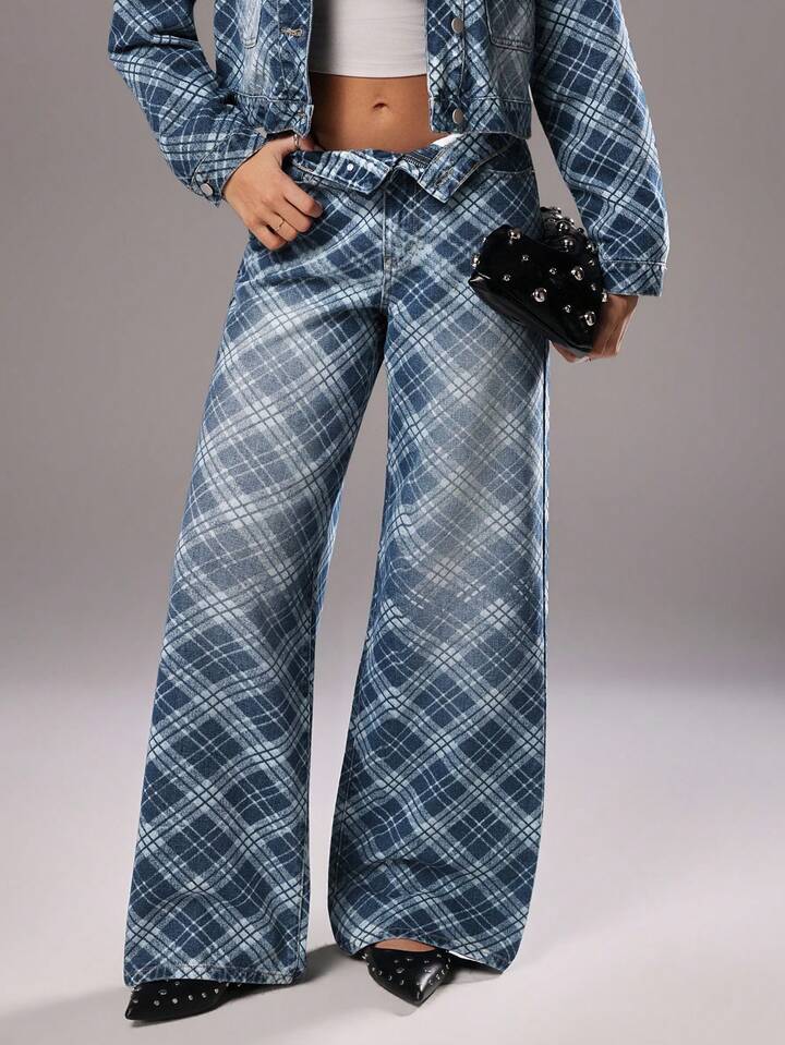 CM-BS676228 Women Casual Seoul Style Medium Wash Diamond Plaid Mid-Waist Wide Leg Jeans