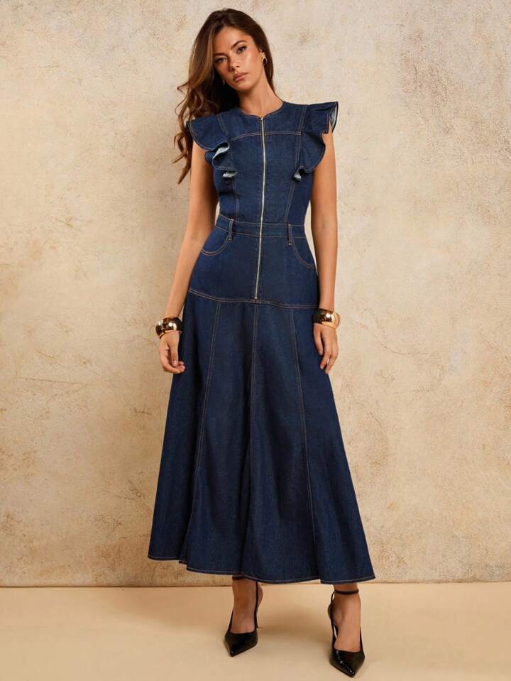CM-DS035018 Women Elegant Seoul Style Solid Color Zip Fly Flutter Sleeve A-Line Ruffle Hem Denim Maxi Dress - Blue
