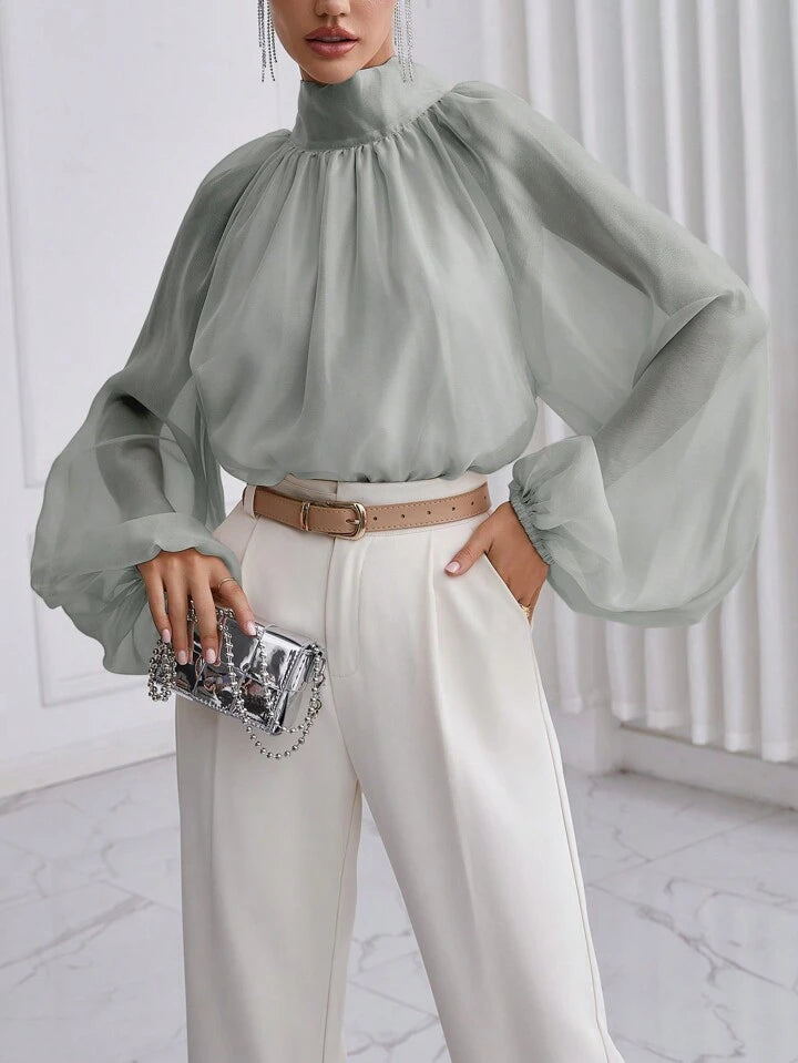 CM-TS993626 Women Elegant Seoul Style High Neck Lantern Sleeve Shirt - Light Gray