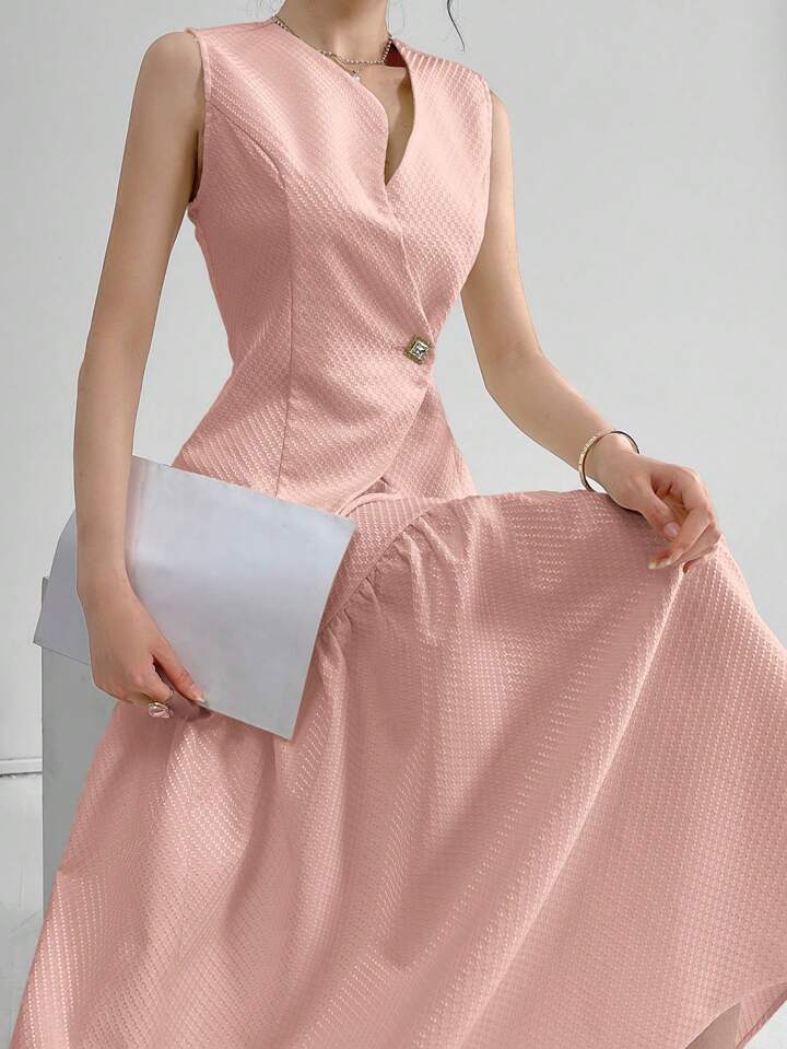 CM-SS546707 Women Elegant Seoul Style Solid Button Front Vest Jacket With Ruffle Hem Skirt - Pink