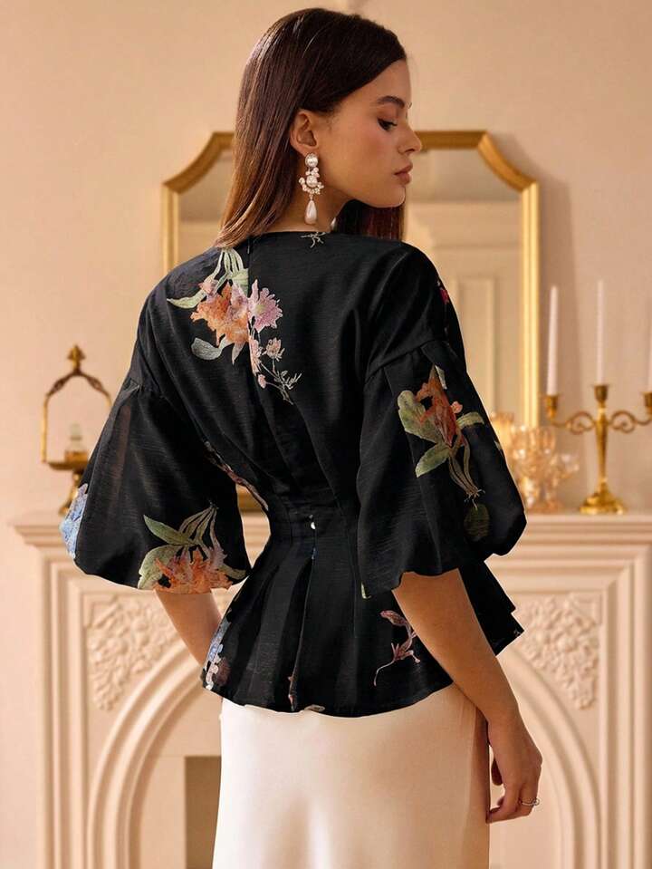 CM-TS421071 Women Elegant Seoul Style V-Neck Organza Floral Print Puff Sleeve Blouse - Black