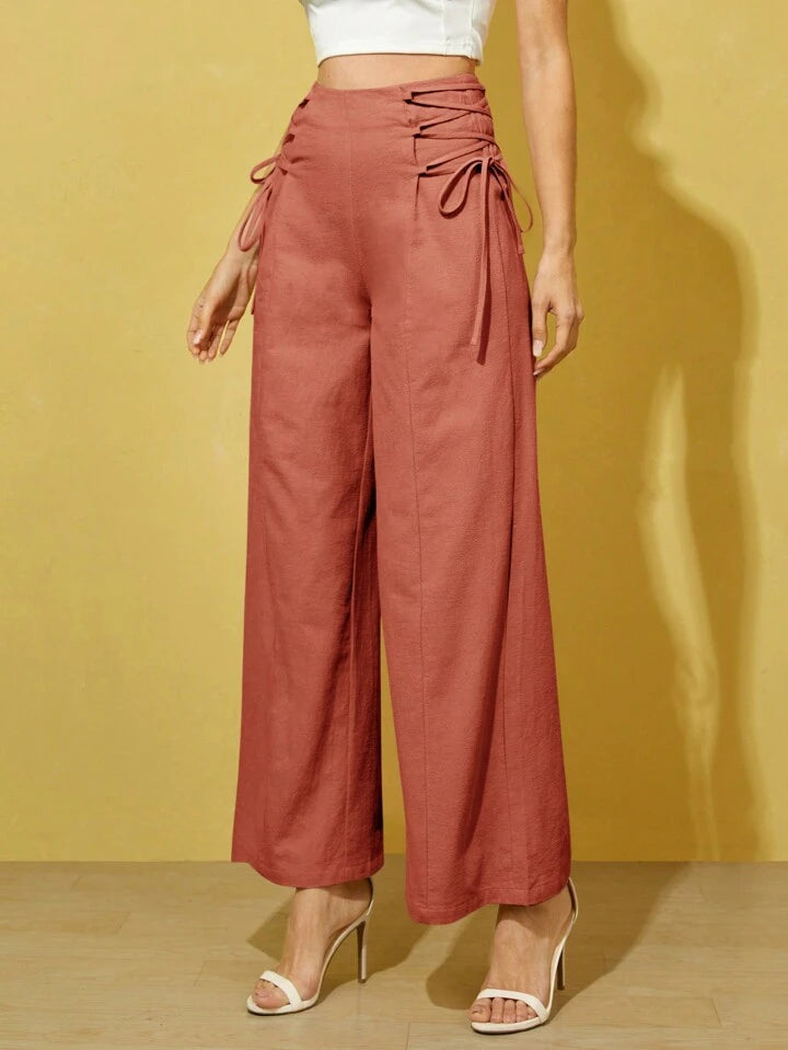 CM-BS229276 Women Casual Seoul Style High Waist Crossed Lace Up Wide Leg Pants - Rusty Rose