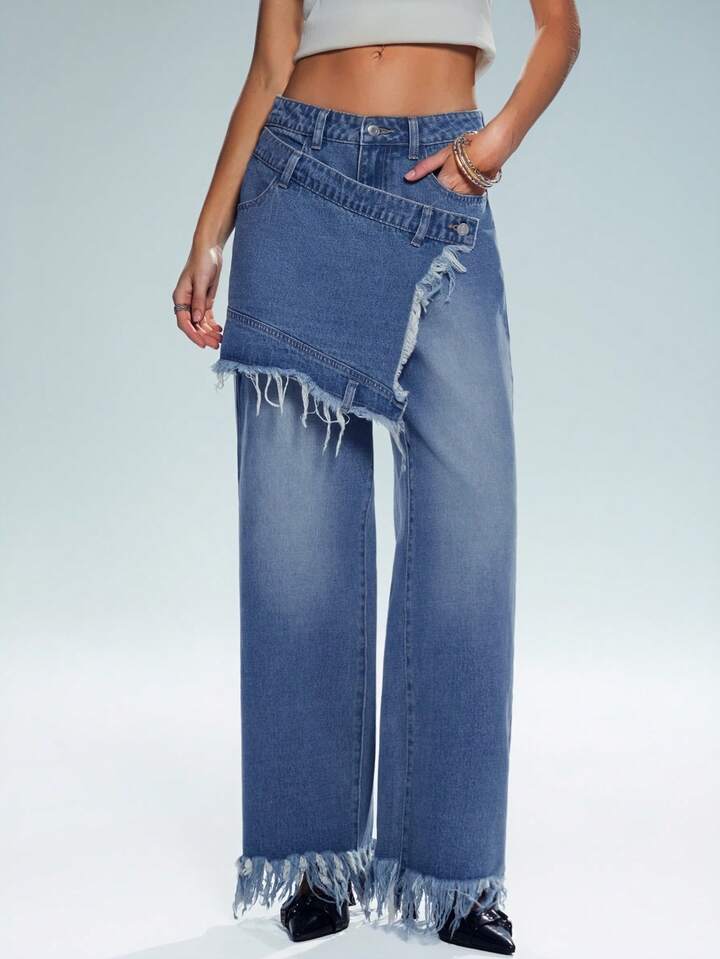 CM-BS899655 Women Casual Seoul Style Mid Waist Patchwork Frayed Hem Wide Leg Jeans - Blue
