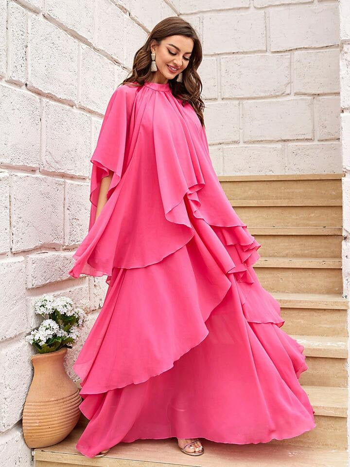 CM-DS814845 Women Elegant Seoul Style Ruffle Trim Batwing Sleeve Chiffon Dress - Hot Pink