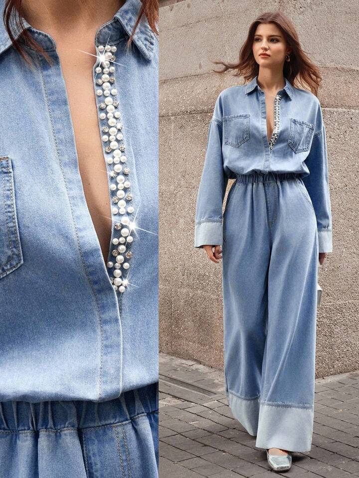 CM-JS119936 Women Elegant Seoul Style Faux Pearl Decor Drop Shoulder Long Sleeve Pocket Design Wide Leg Denim Jumpsuit