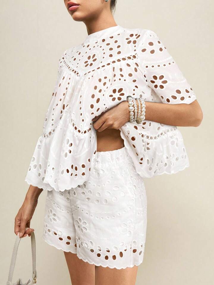 CM-SS780610 Women Casual Seoul Style Hollow Out Embroidered Loose Blouse With Wide Loose Shorts - Set