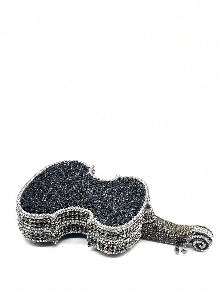 CM-BGS206420 Women Elegant Seoul Style Multicolor Crystal Violin Shape Cltuch Bag - Black