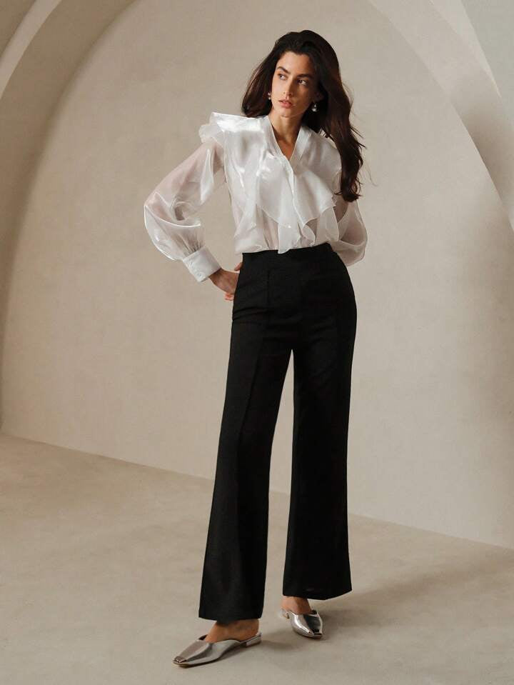 CM-TS150474 Women Elegant Seoul Style V-Neck Multi-Layered Bubble Sleeve Blouse - White