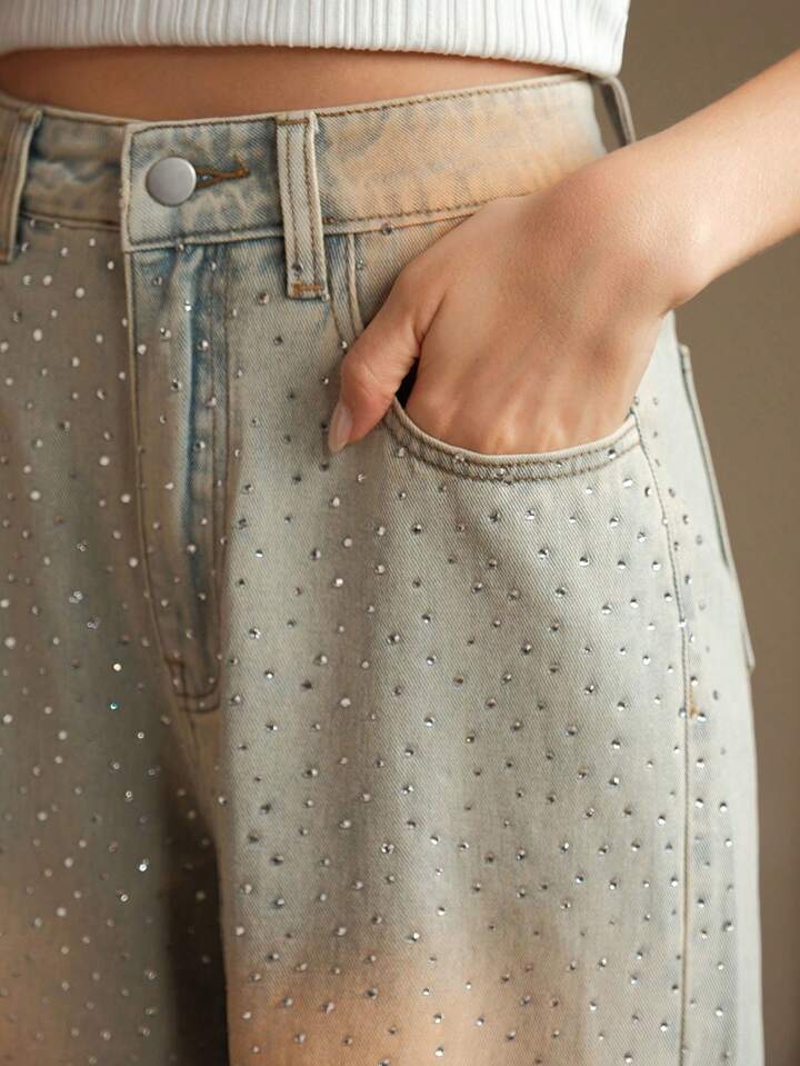 CM-BS298931 Women Casual Seoul Style Mid Waist Rhinestone Decor Floor-Length Denim Pants - Blue