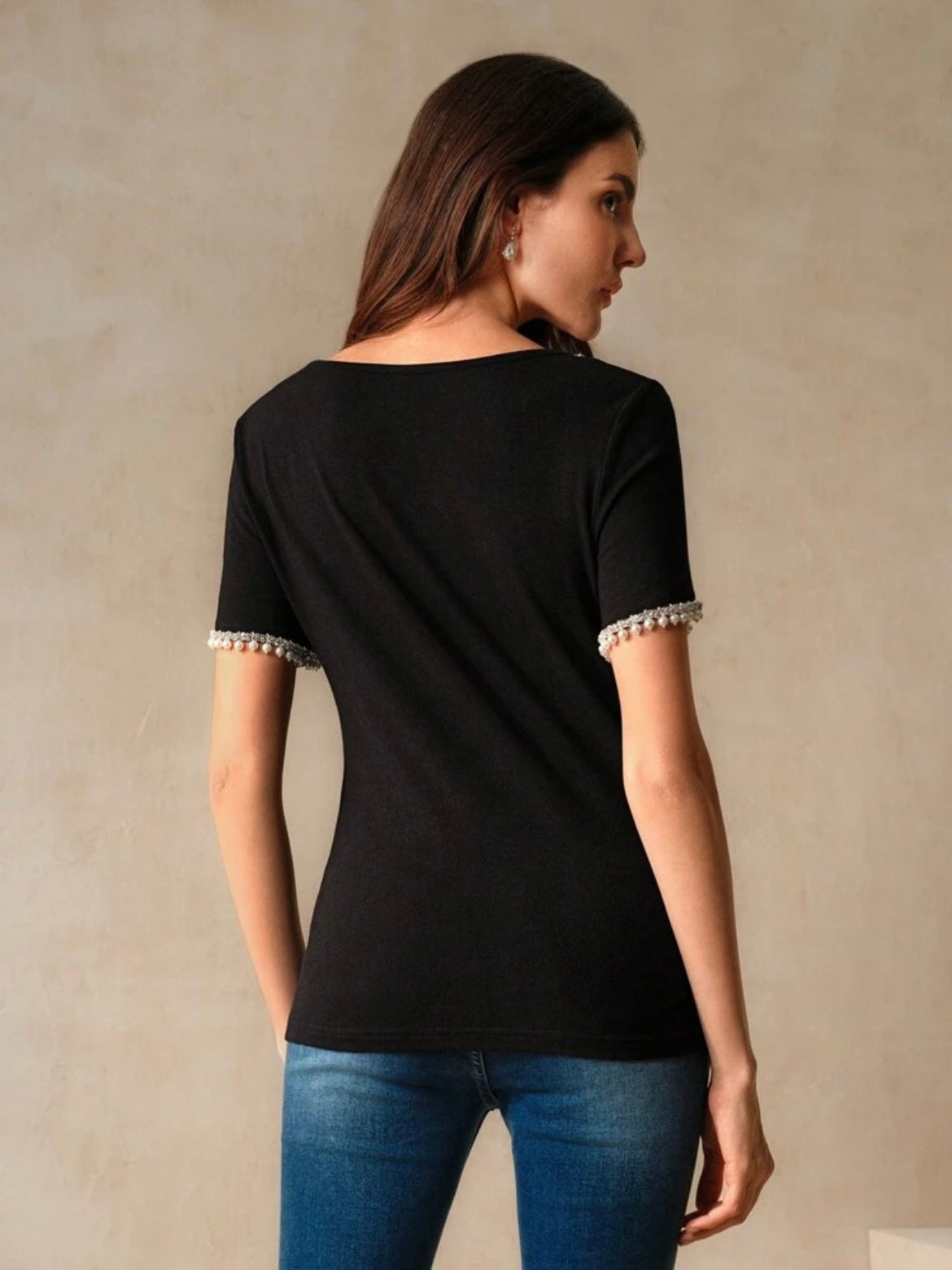 CM-TS752072 Women Casual Seoul Style Pearl Rhinestone Decor U-Neck Collar Short-Sleeved T-Shirt - Black