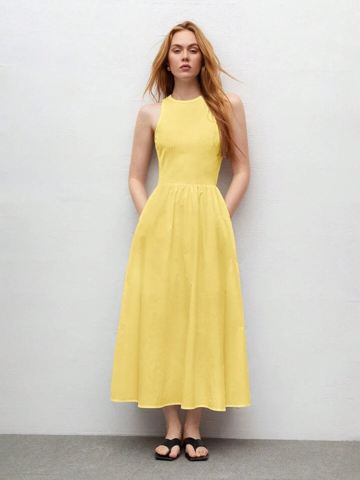 CM-DS644434 Women Trendy Bohemian Style Round Neck Sleeveless High Waist Slim Fit Dress - Yellow