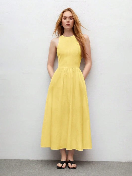 CM-DS644434 Women Trendy Bohemian Style Round Neck Sleeveless High Waist Slim Fit Dress - Yellow