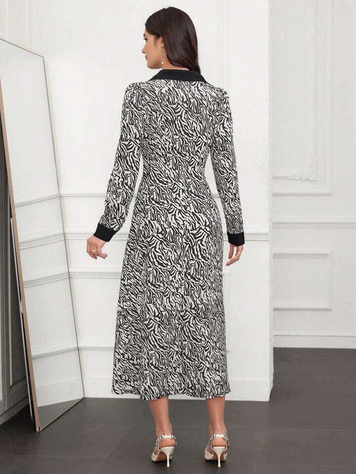 CM-DS176179 Women Casual Seoul Style Printed Patchwork Contrast Color Lapel Dress