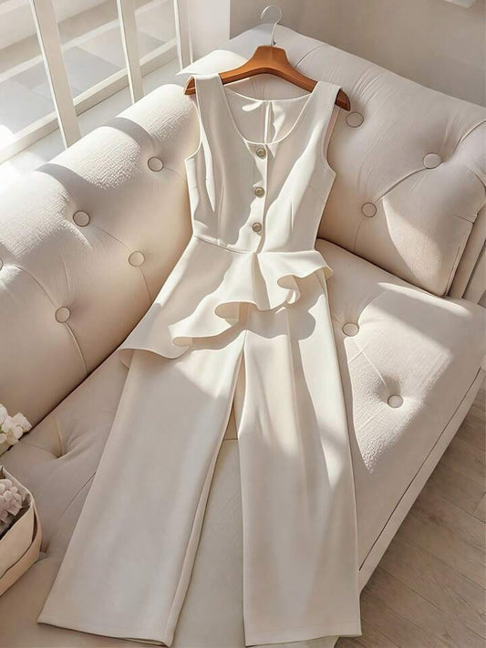 CM-JS132629 Women Elegant Seoul Style Round Neck Sleeveless Button Decor Ruffle Waist Design Jumpsuit