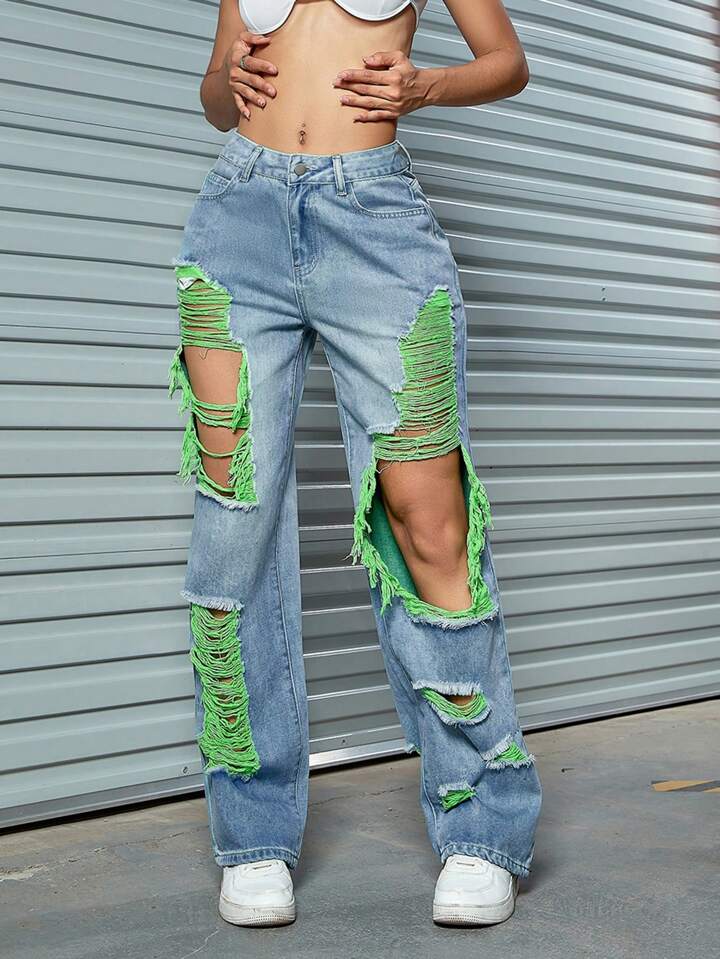 CM-BS802277 Women Casual Seoul Style Contrast Slant Pocket Distressed Ripped Cut Out Straight Leg Pants