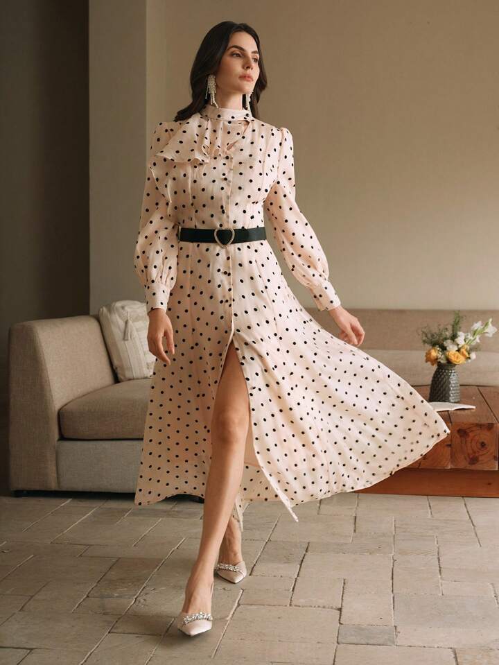 CM-DS288841 Women Elegant Seoul Style Long Sleeve Polka Dot Mock Neck A-Line Dress With Cinched Waist