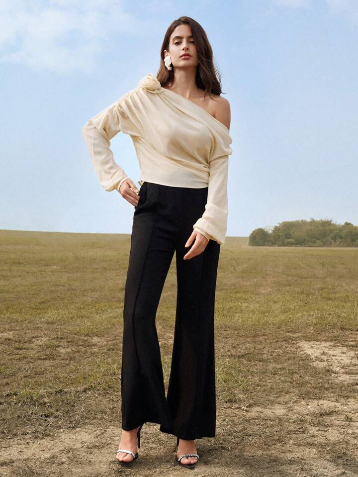 CM-TS340400 Women Elegant Seoul Style 3D Floral Open Shoulder Pleated Chiffon Shirt - Apricot