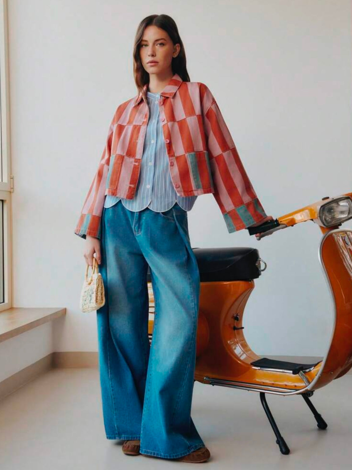 CM-CS909952 Women Elegant Seoul Style Collar Neckline Long Sleeve Striped Cropped Jacket