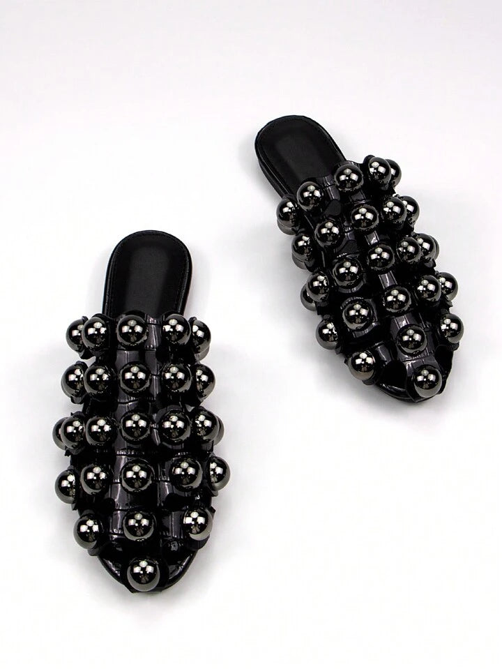 CM-SHS518463 Women Trendy Seoul Style Hollow Metal Rivet Decor Glossy Crocodile PU Round Toe Slip-On Flat Mules