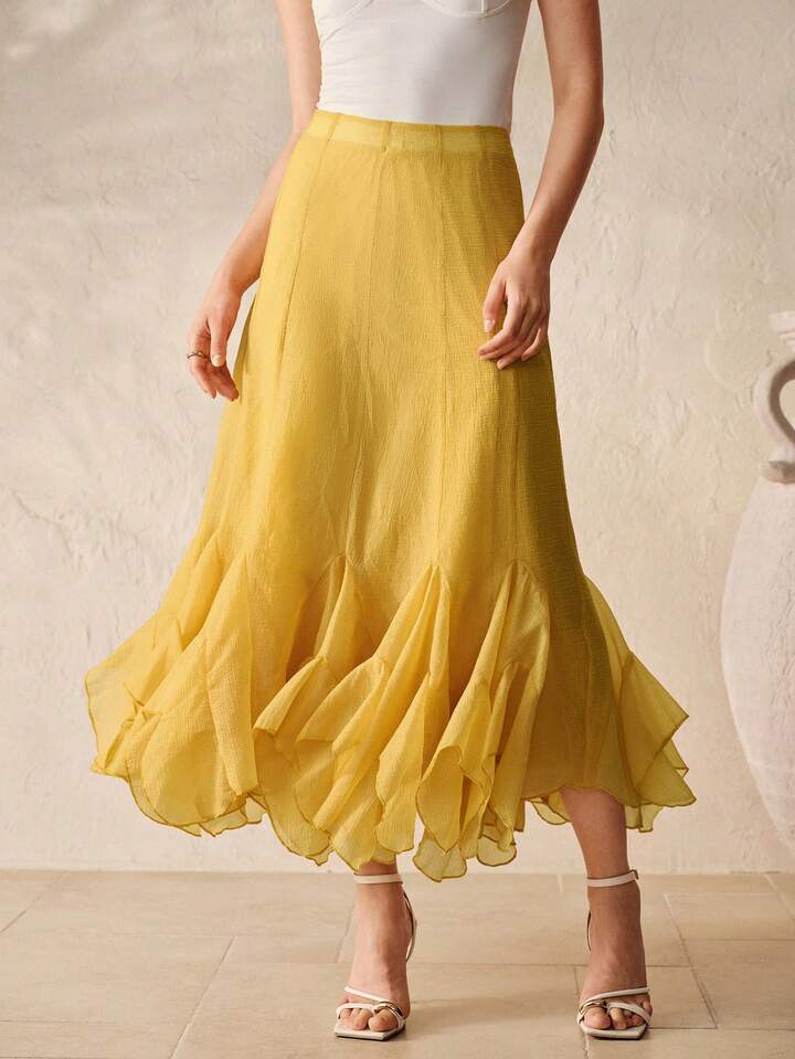 CM-BS938551 Women Elegant Seoul Style Mid Waist Textured Chiffon Layered Ruffle Hem Long Skirt - Yellow