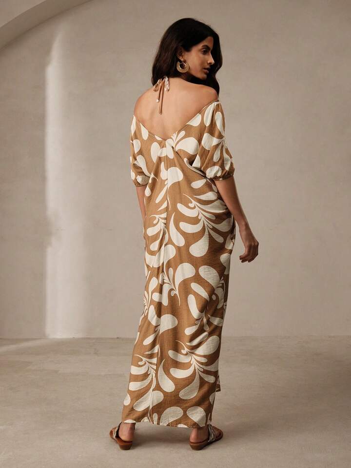 CM-DS627471 Women Trendy Bohemian Style Printed Pleated Backless Maxi Dress - Coffee