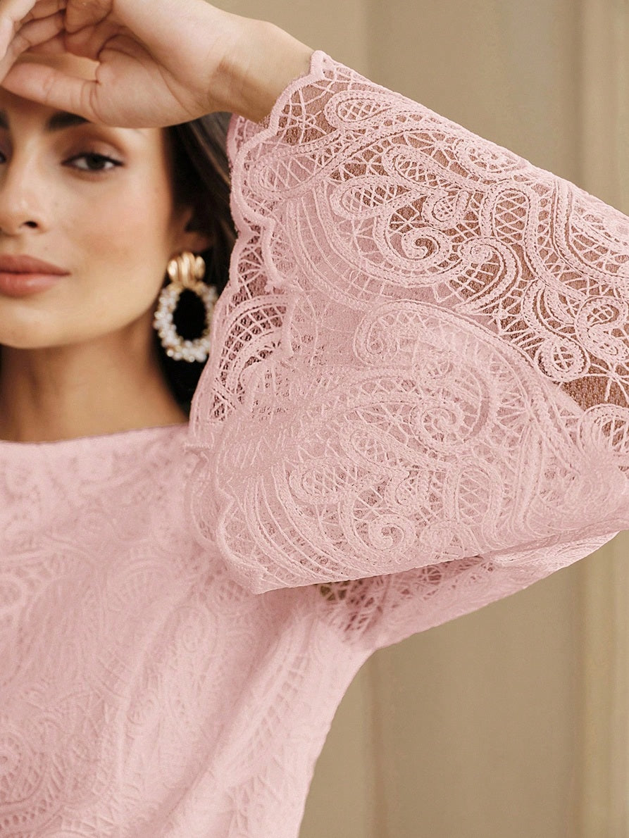 CM-TS532364 Women Elegant Seoul Style Round Neck Lace Bell Extra Long Sleeve Top - Pink