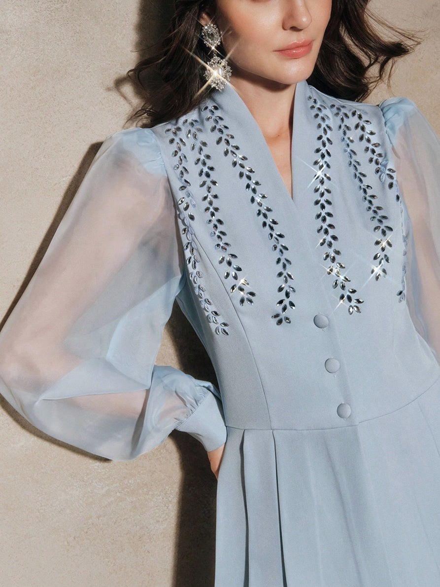 CM-SS511976 Women Elegant Seoul Style Shawl Collar Mesh Long Sleeve Rhinestone Fitted Blouse With Straight Leg Pants - Set