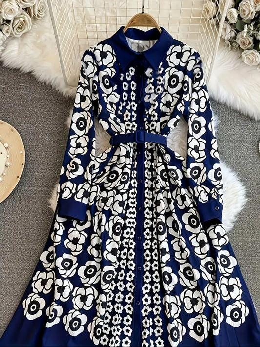 CM-DT514431 Women Elegant Seoul StyleFloral Print Collar Neckline Long Sleeve A-Line Maxi Dress - Navy Blue