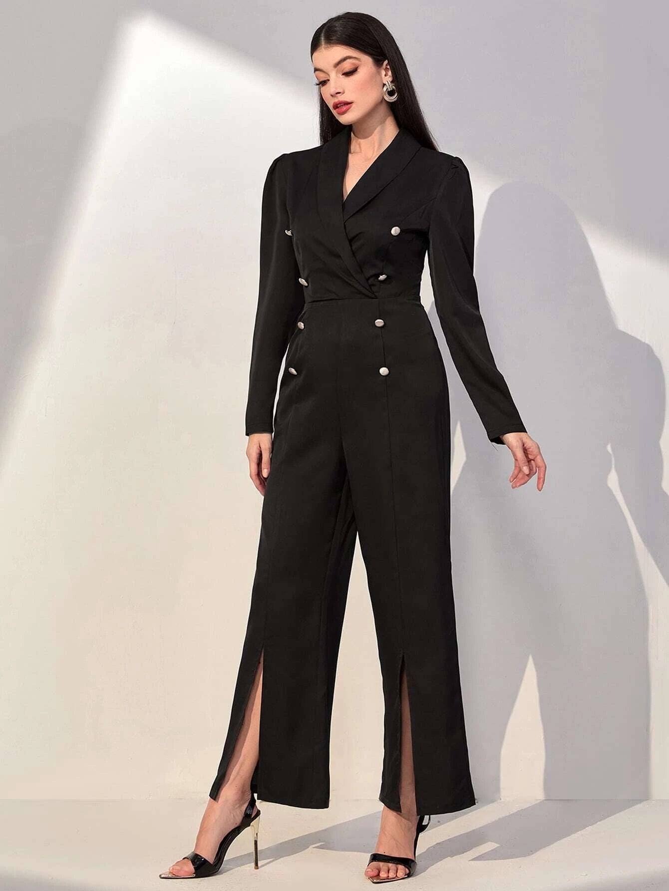 CM-JS042862 Women Elegant Seouol Style Shawl Neck Puff Sleeve Double Breasted Split Hem Jumpsuit