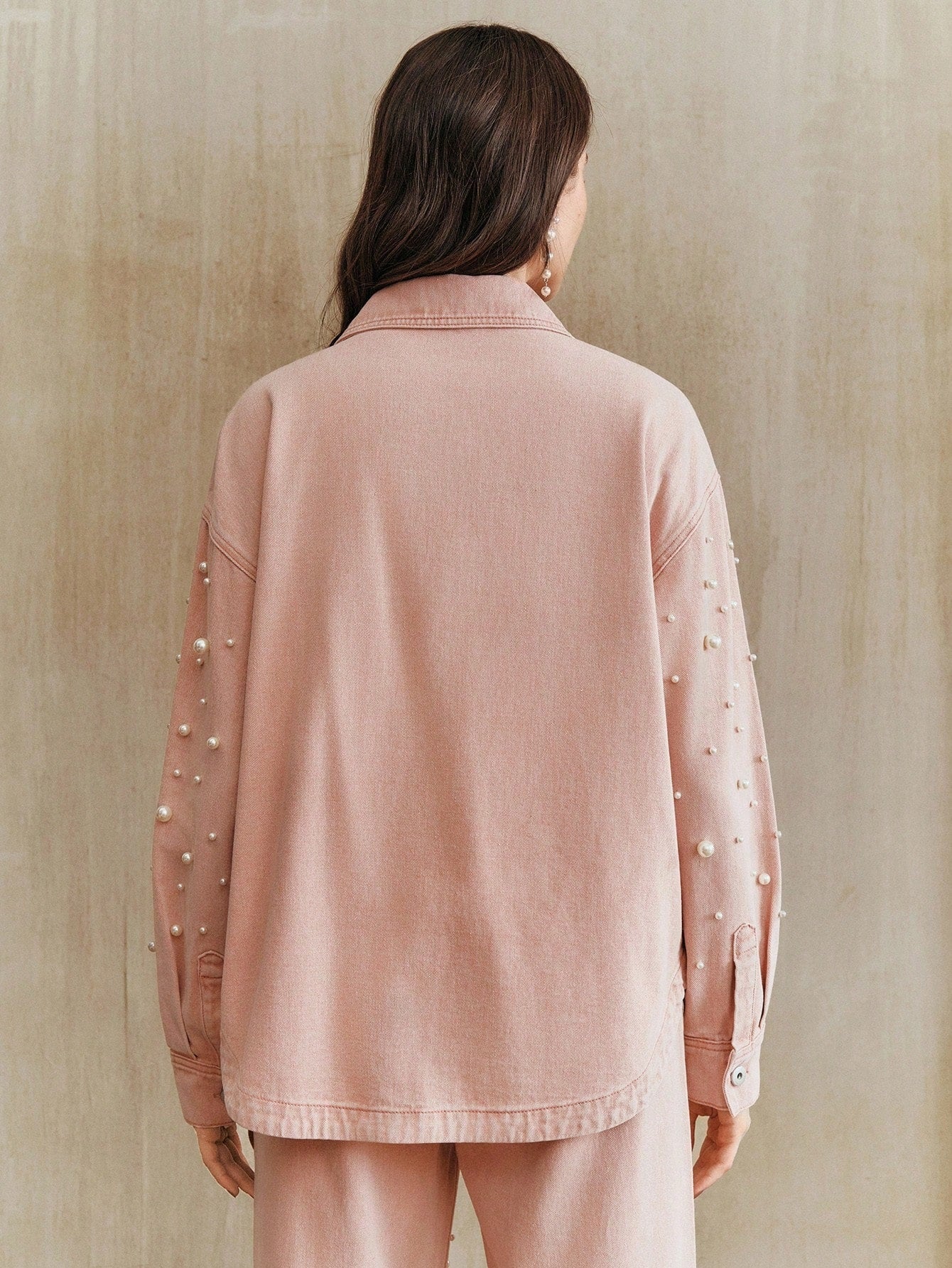 CM-CS317994 Women Elegant Seoul Style Collar Neckline Long Sleeve Rhinestone Embellished Long Denim Jacket - Baby Pink
