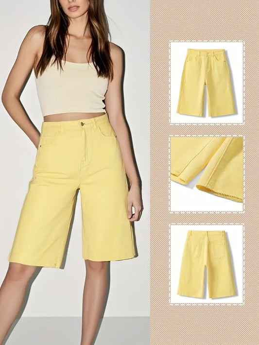 CM-BT978258 Women Casual Seoul Style Solid Color High Waist Bermuda Shorts - Yellow