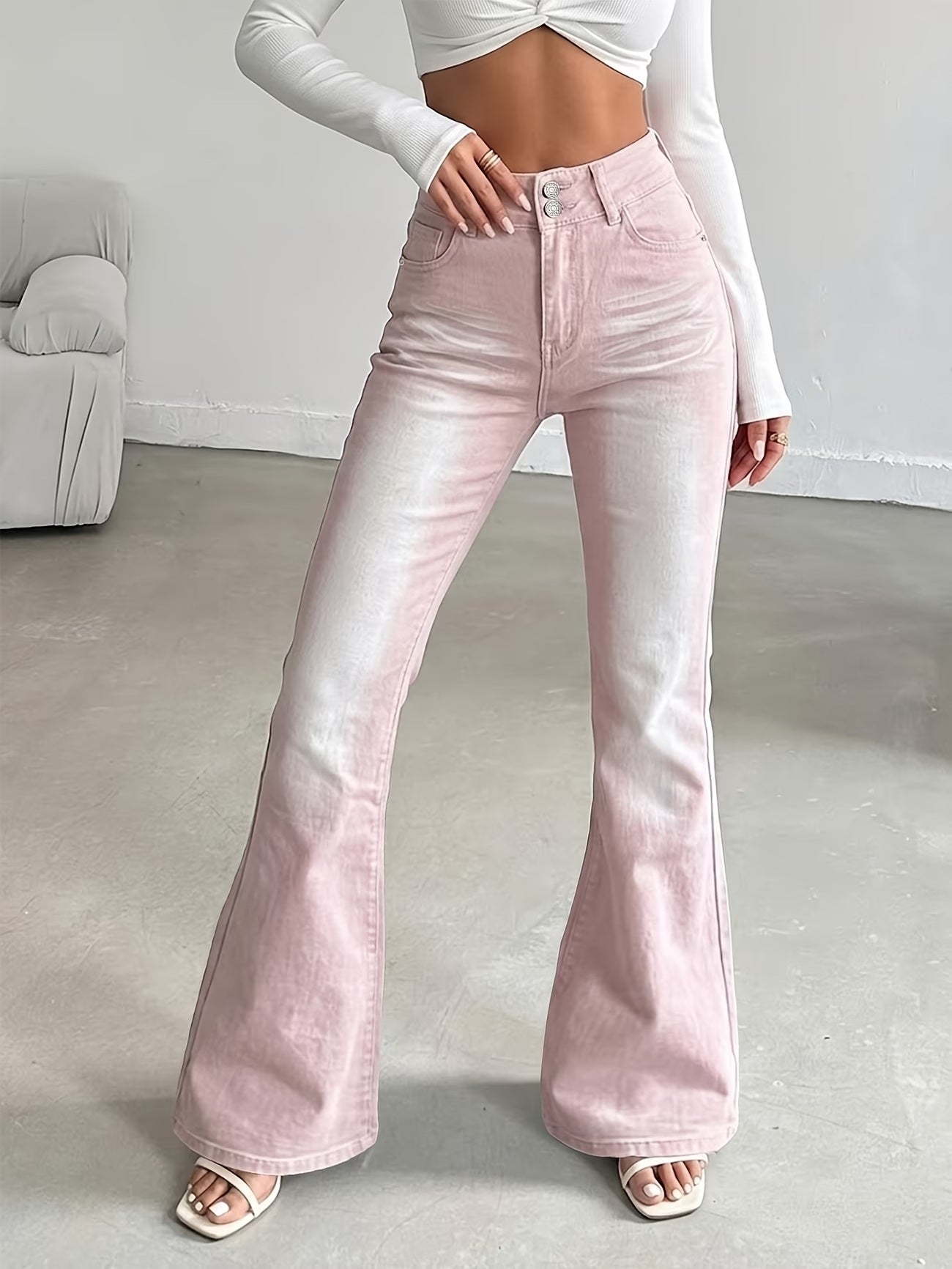 CM-BT754634 Women Casual Seoul Style High-Waisted Double Button Slim Fit Flare Jeans - Pink