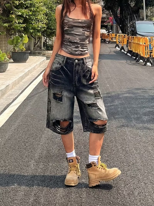 CM-BT755418 Women Casual Seoul Style Gradient Ripped Loose-Fitting Wide-Leg Denim Bermuda Shorts
