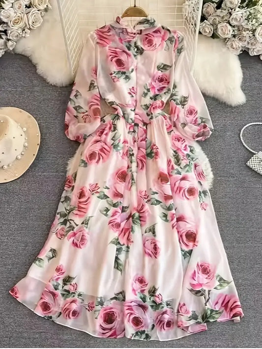 CM-DT807475 Women Elegant Seoul Style Bow Tie Floral Print High Neck 3/4 Sleeve A-Line Chiffon Long Dress - Pink