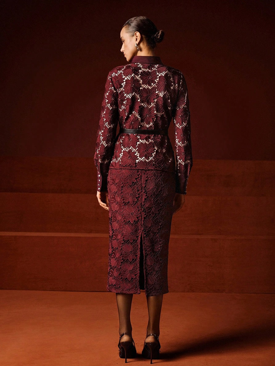 CM-SS832993 Women Elegant Seoul Style Stand Collar Long Sleeve A-Line Lace Patchwork Blouse With Skirt - Set