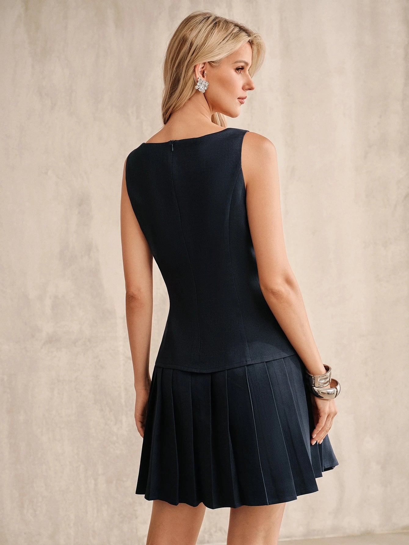 CM-DS709339 Women Elegant Seoul Style Rhinestone Studded Sleeveless Waist-Cinching A-Line Dress - Navy Blue