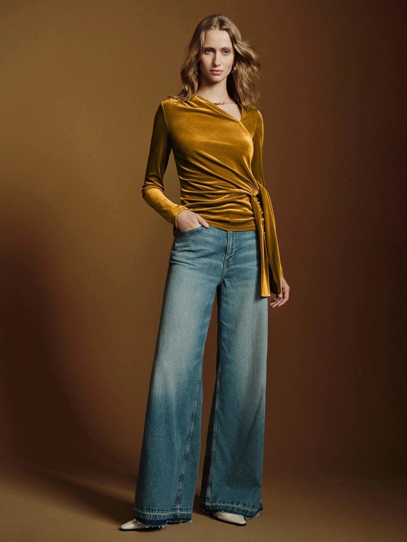 CM-TS240239 Women Casual Seoul Style Asymmetrical V-Neck Long Sleeve Twisted Tie Velvet Blouse - Yellow