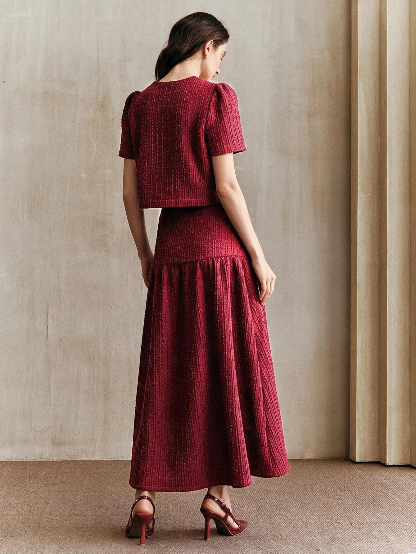 CM-SS503523 Women Elegant Seoul Style Round Neck Short Sleeve Button Decor Top With A-Line Skirt - Set