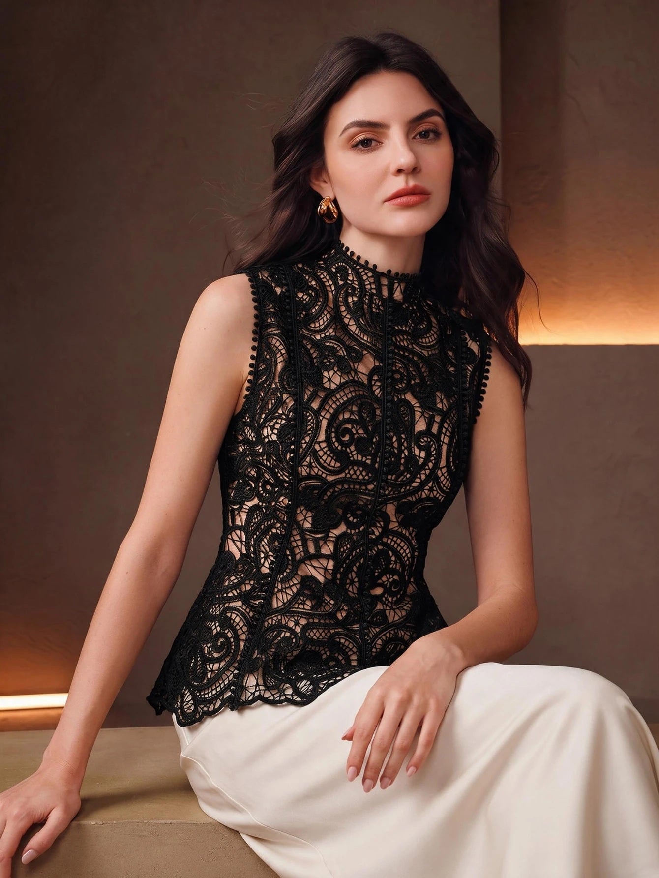 CM-TS219266 Women Elegant Seoul Style Stand Collar Sleeveless Lace Hollow Patchwork Ruffle Waist Cinched Tank Top - Black