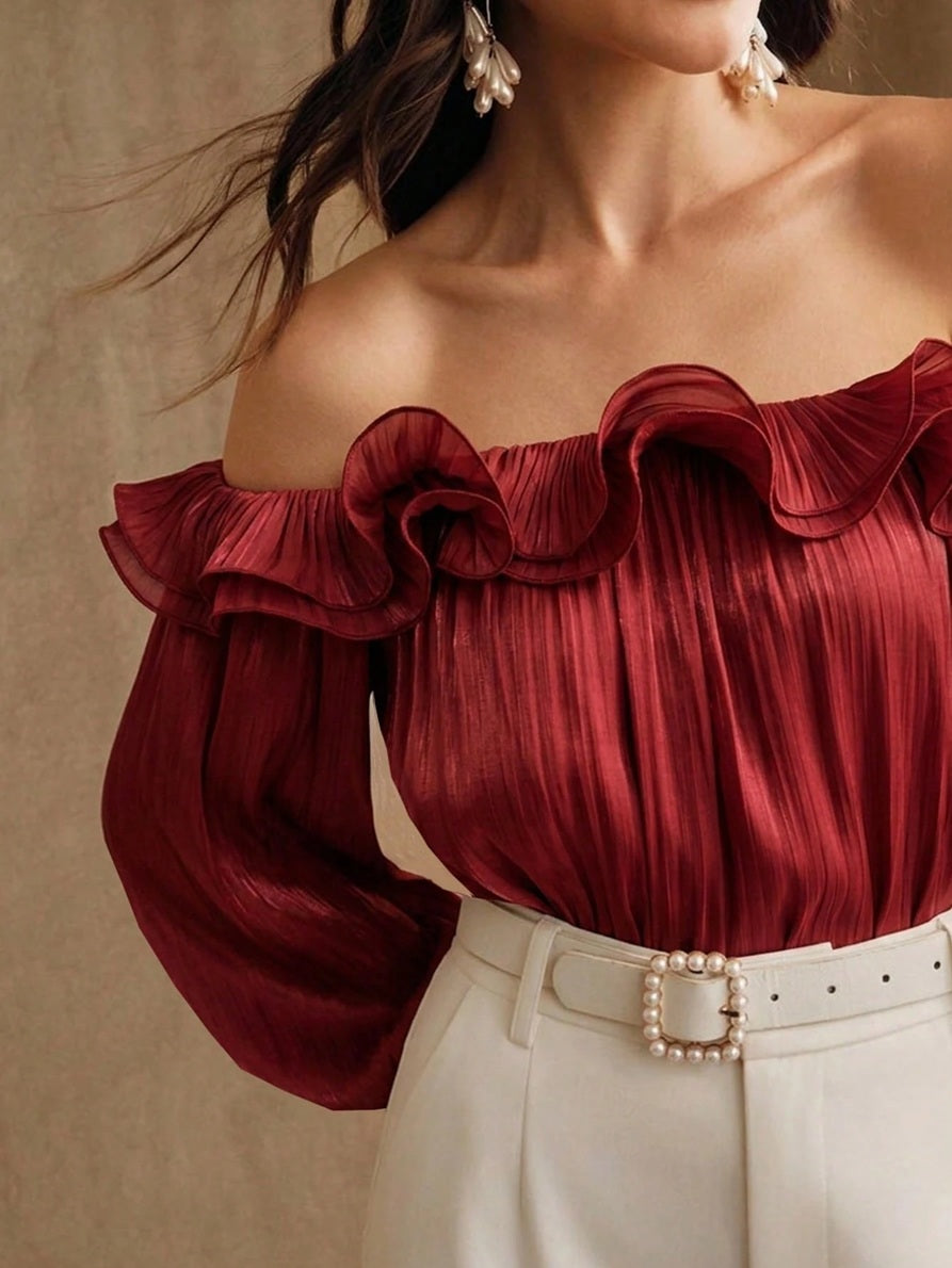 CM-TS097142 Women Elegant Seoul Style Off-Shoulder Loose Hem Wavy Edge Petal Sleeve Flowy Blouse - Burgundy